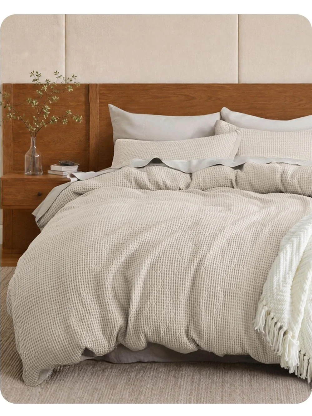 NEW Bedsure PureWoven 3 Pieces 100% Cotton Waffle Duvet Cover Set, King, Beige